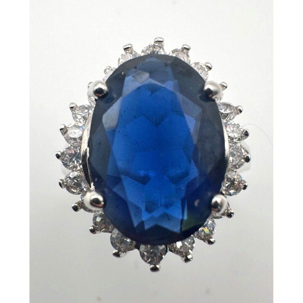 Vintage Lia Sophia Ring Blue Glass Halo Statement Cocktail Silver Tone Size 8